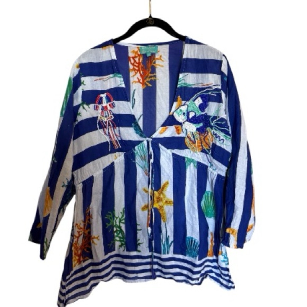 Antica Sartoria striped blue and white beaded v neck top a line nautical